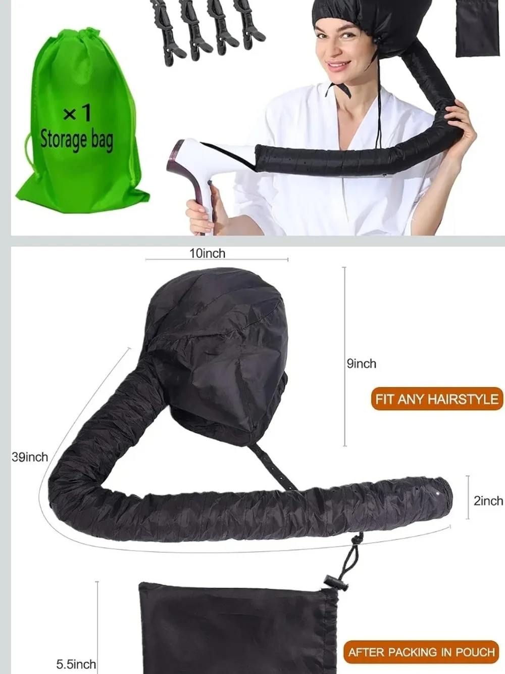 Universal Black Hair Dryer Bonnet with Colorful Heat Rods.